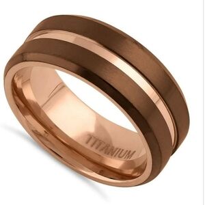 Titanium Coffee and Rose Gold 8mm Brushed with Stripe Band Ring